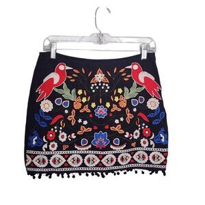 Altar'd State Black Linen Blend Embroidered Floral Mini Skirt Boho Festival M